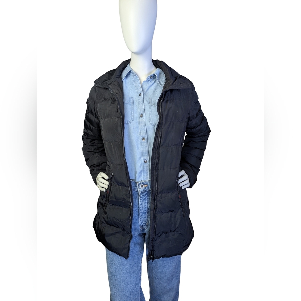 Dynamics Geographical Norway Black Quilted Long Puffer Coat Size 8 - Picture 2 of 7